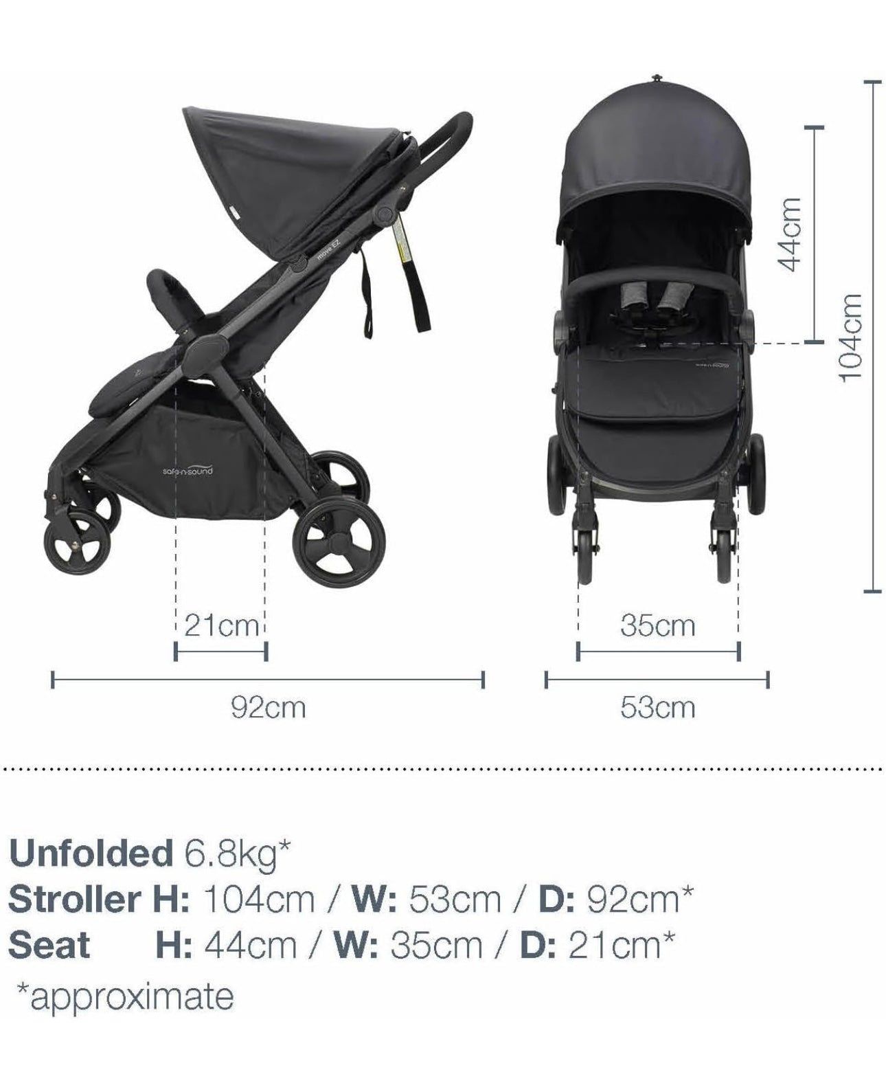 Safe-n-Sound Move EZ Stroller, Quick Fold Ultra Lightweight Travel System with 6kg Basket Capacity, Includes Extra Cup Holder, and Bug Net, Black (37014)