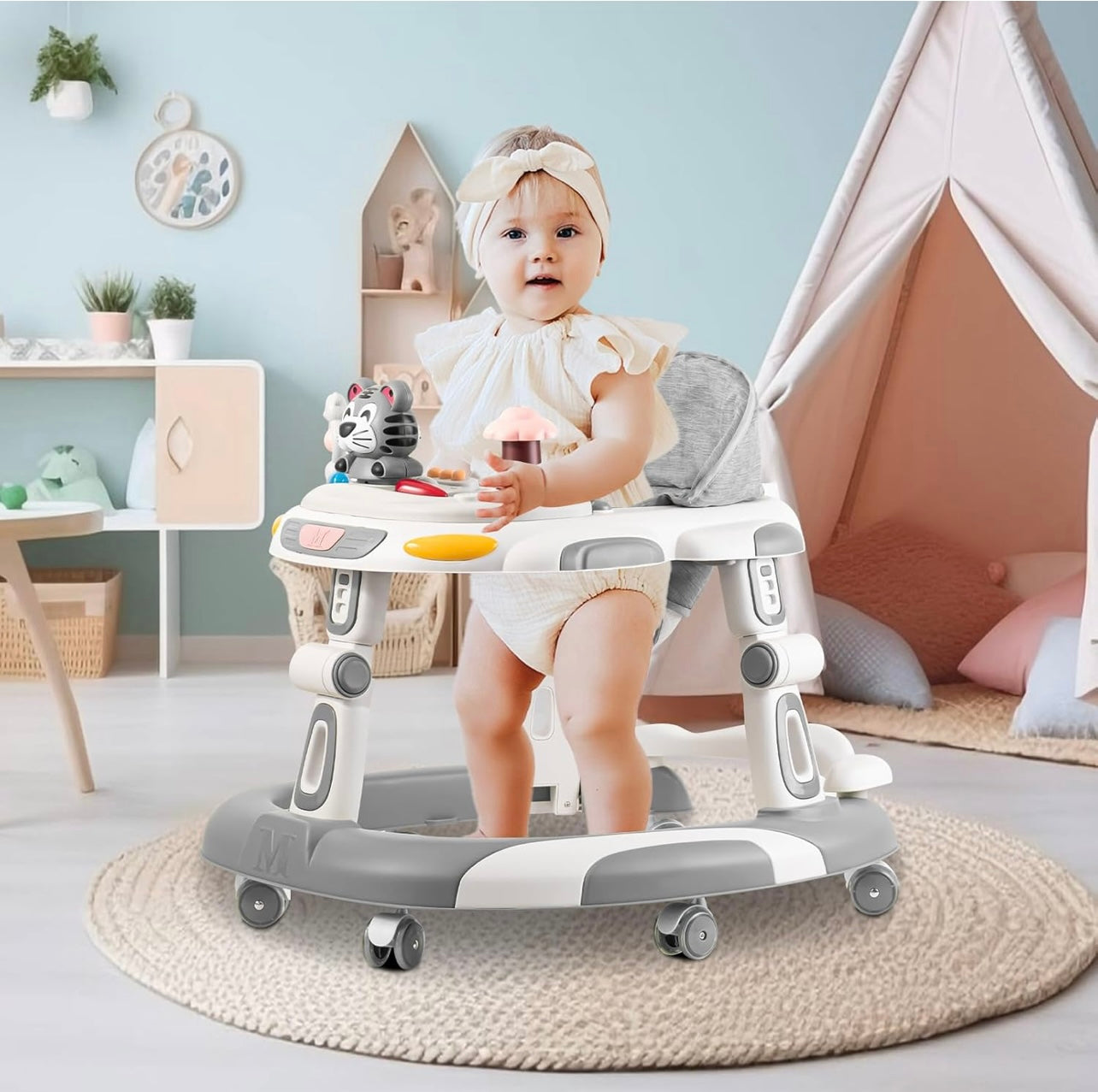 Baby Walker, 4-in-1 Foldable Baby Walkers and Baby Activity Center with Toys Tray,3-Gear Height Adjustable Infant Toddler Baby Walker with Wheels for Baby Boys and Girls 6-24 Months(Grey)
