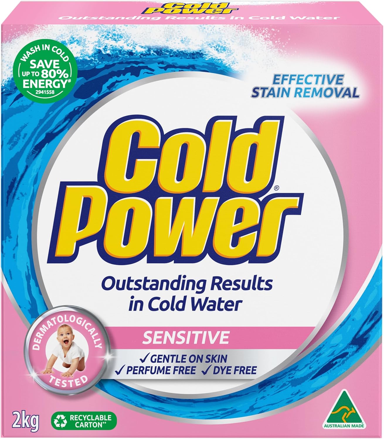 Cold Power Washing Powder Sensitive 2kg, Sensitive Laundry Detergent for Effective Stain Removal and Outstanding Results in Cold Water, No Enzyme and Dye and Perfume-Free Laundry Liquid