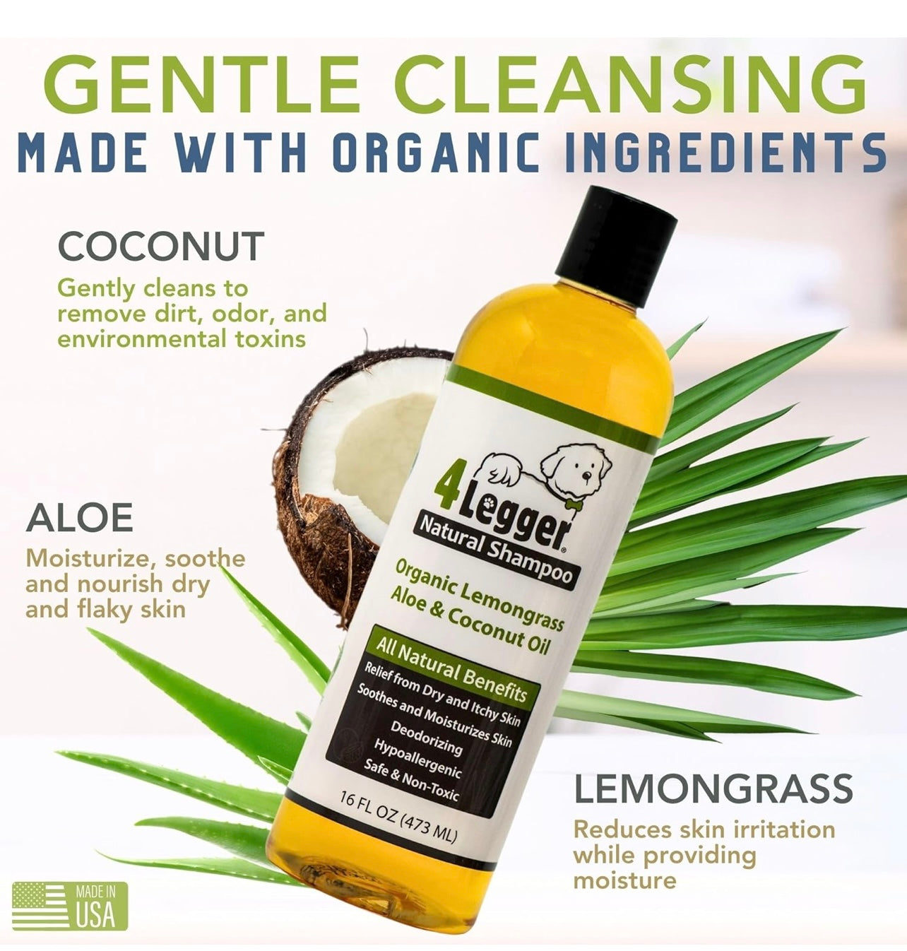 4-Legger Certified Organic Dog Shampoo - All Natural and Hypoallergenic with Aloe and Lemongrass, Soothing for Normal, Dry, Itchy or Allergy Sensitive Skin - Biodegradable - Made in USA - 16 oz