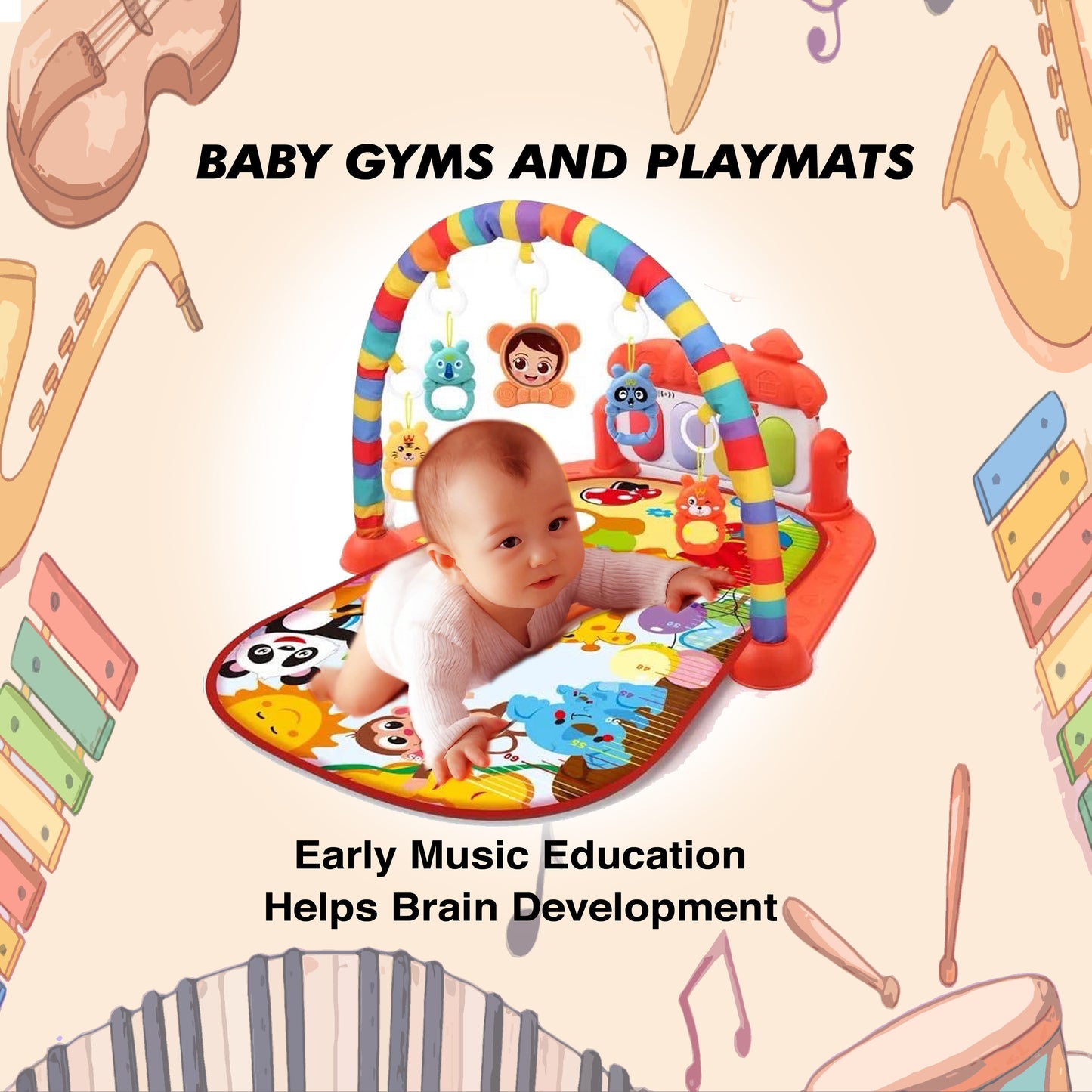 Baby Playmat Deluxe Kick & Play Piano Gym, Green Musical Learning Toy with 2 Rattle Maracas for Developmental Play Newborns 0+ Months
