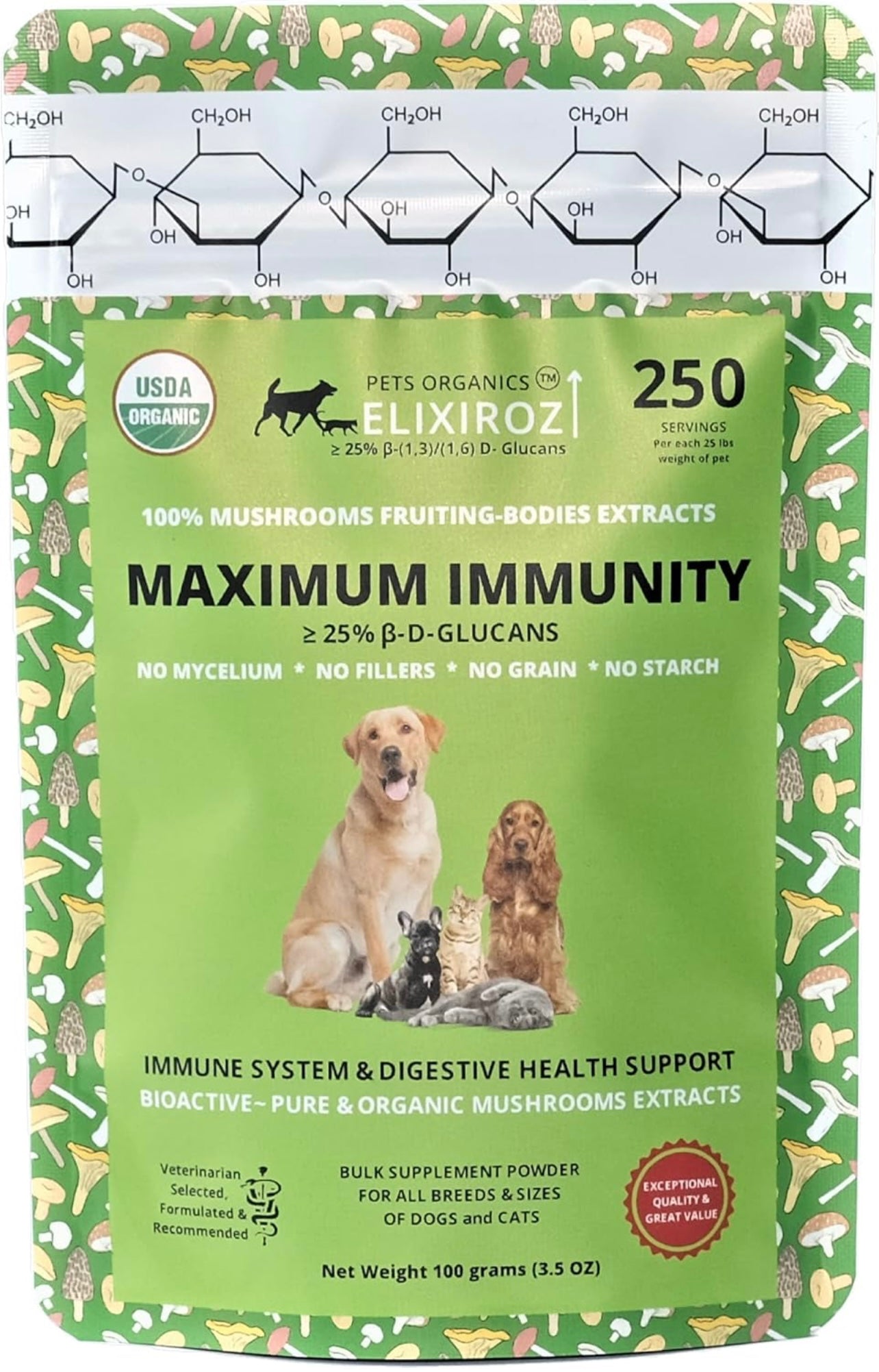 MAXIMUM IMMUNITY >25% β-glucan 100% Mushrooms Fruiting Body Extracts, Veterinarians formulation for Dogs & Cats Immune & Digestive Systems with Turkey tail & >35% β-glucan Reishi extracts.250 SERVINGS