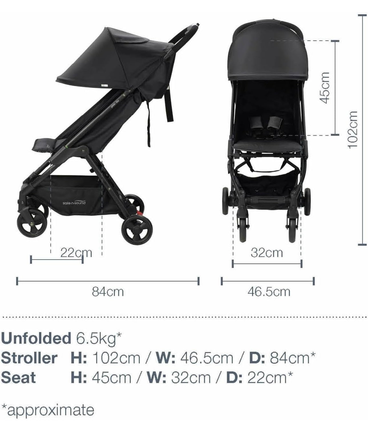 Safe-n-Sound Move EZ Stroller, Quick Fold Ultra Lightweight Travel System with 6kg Basket Capacity, Includes Extra Cup Holder, and Bug Net, Black (37014)