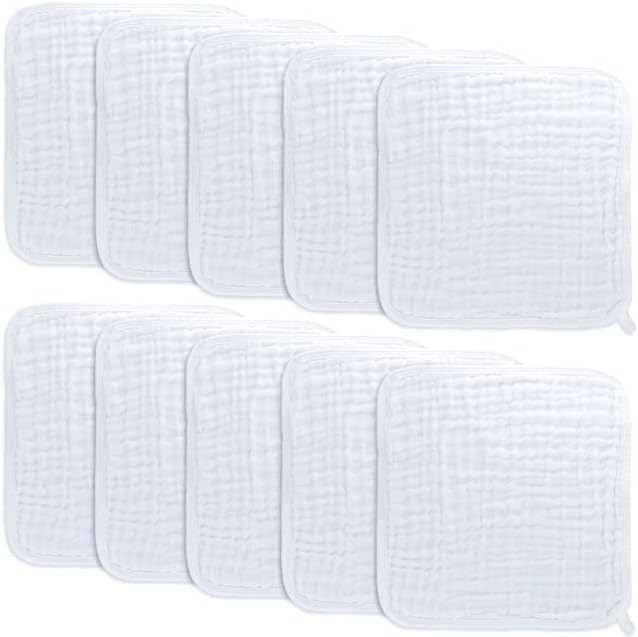 Baby Washcloths, Muslin Cotton Baby Towels, Large 10”x10” Wash Cloths Soft on Sensitive Skin (White, Pack of 10)