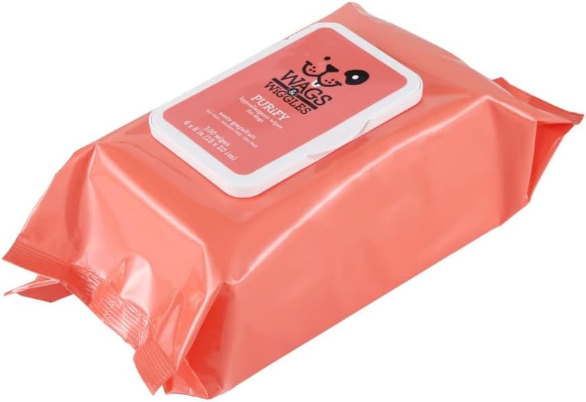 Wags & Wiggles Purify Hypoallergenic Wipes for Dogs | Gently Clean & Condition Your Dog's Coat Without A Bath | Zesty Grapefruit Scent Your Dog Will Love, 100 Count