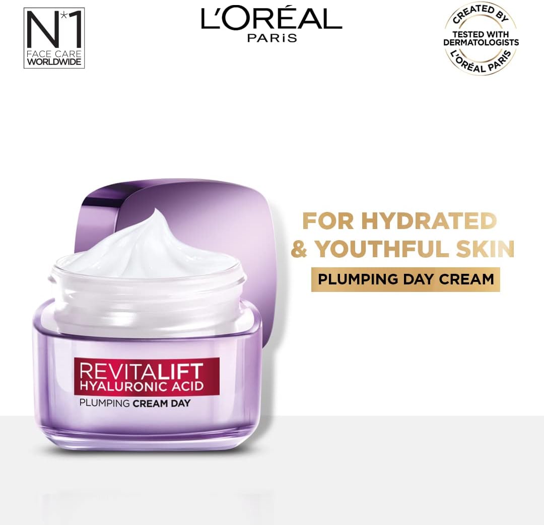 L'Oreal Paris Day Cream for Women, Hydrates and Replumps, For Radiant Skin, Revitalift Hyaluronic Acid, 15ml
