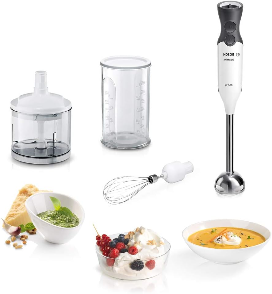 Bosch ErgoMixx MS6CA4150 Hand Blender Stainless Steel Mixing Base, Mixing and Measuring Cup, Whisk, 4-Blade Blade, Lightweight Housing, 12 Levels Plus Turbo Stand, 800 W, White/Anthracite