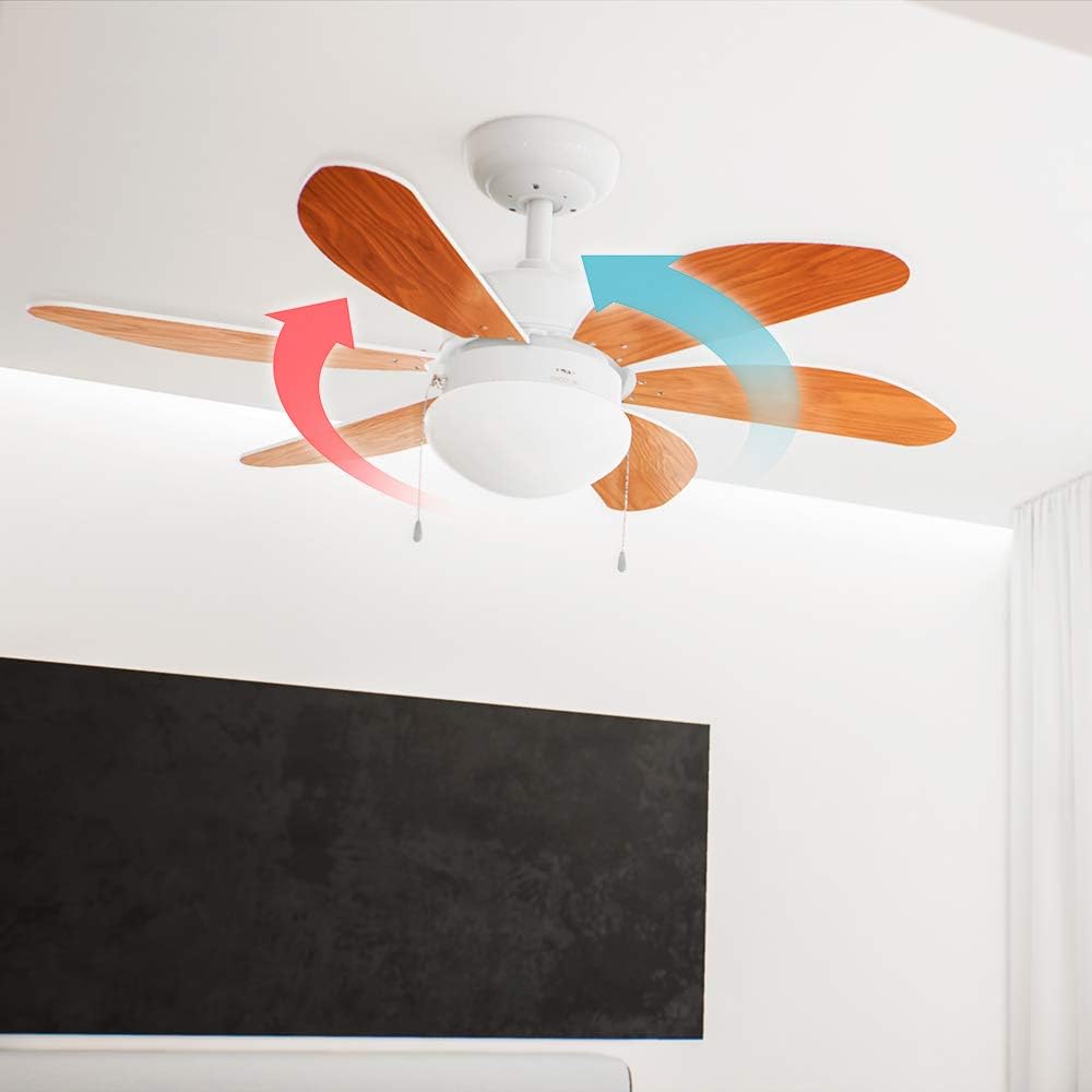 Cecotec 05939 EnergySilence Aero 360 Ceiling Fan 50 W Low Consumption 91 cm Diameter Lamp 6 Reversible Blades 3 Speeds Winter Function White or Wood Effect Stainless Steel