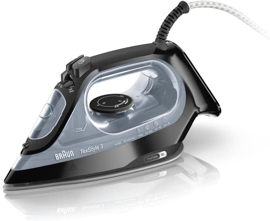 Braun TexStyle 3-Steam Iron, FreeGlide Technology, Ceramic Coating, Auto-Off Function, Anti-Drip System, SI3055BK, Black