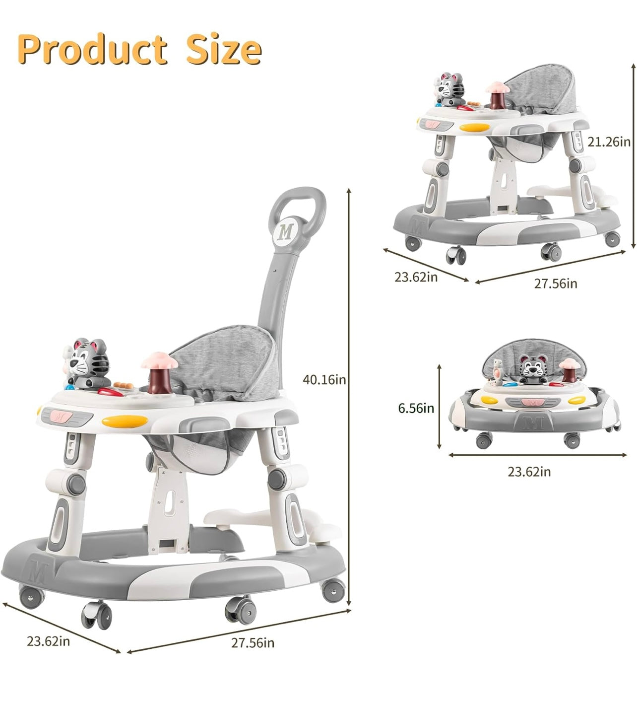 Baby Walker, 4-in-1 Foldable Baby Walkers and Baby Activity Center with Toys Tray,3-Gear Height Adjustable Infant Toddler Baby Walker with Wheels for Baby Boys and Girls 6-24 Months(Grey)