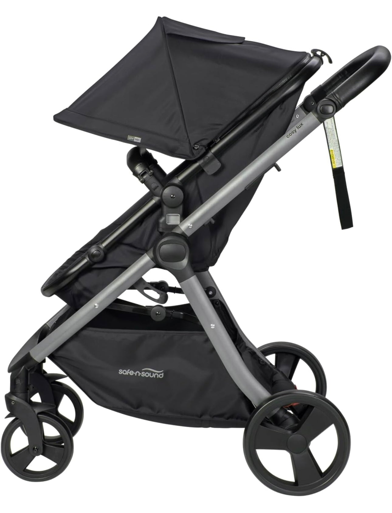 Safe-n-Sound Cosy Lux Stroller, 4 in 1 Comfortable Travel System, XL 10kg Basket Size, Easy Fold, Extra Large UPF 50+ Extendable Canopy, Travel System Compatible, Black (30179)