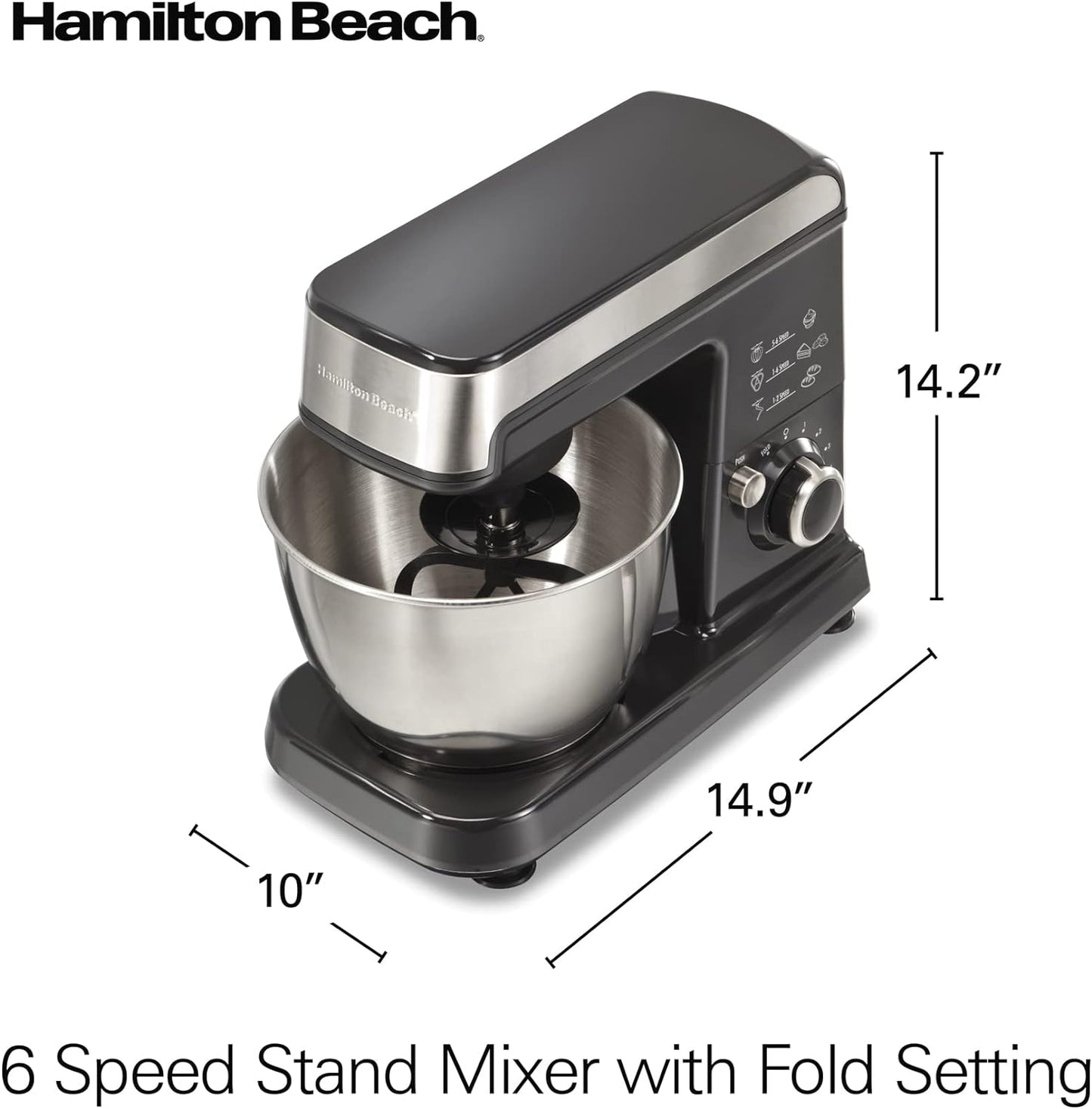 Hamilton Beach 6 Speed Electric Stand Mixer with Stainless Steel 3.5 Quart Bowl, Planetary Mixing, Tilt-Up Head, Black