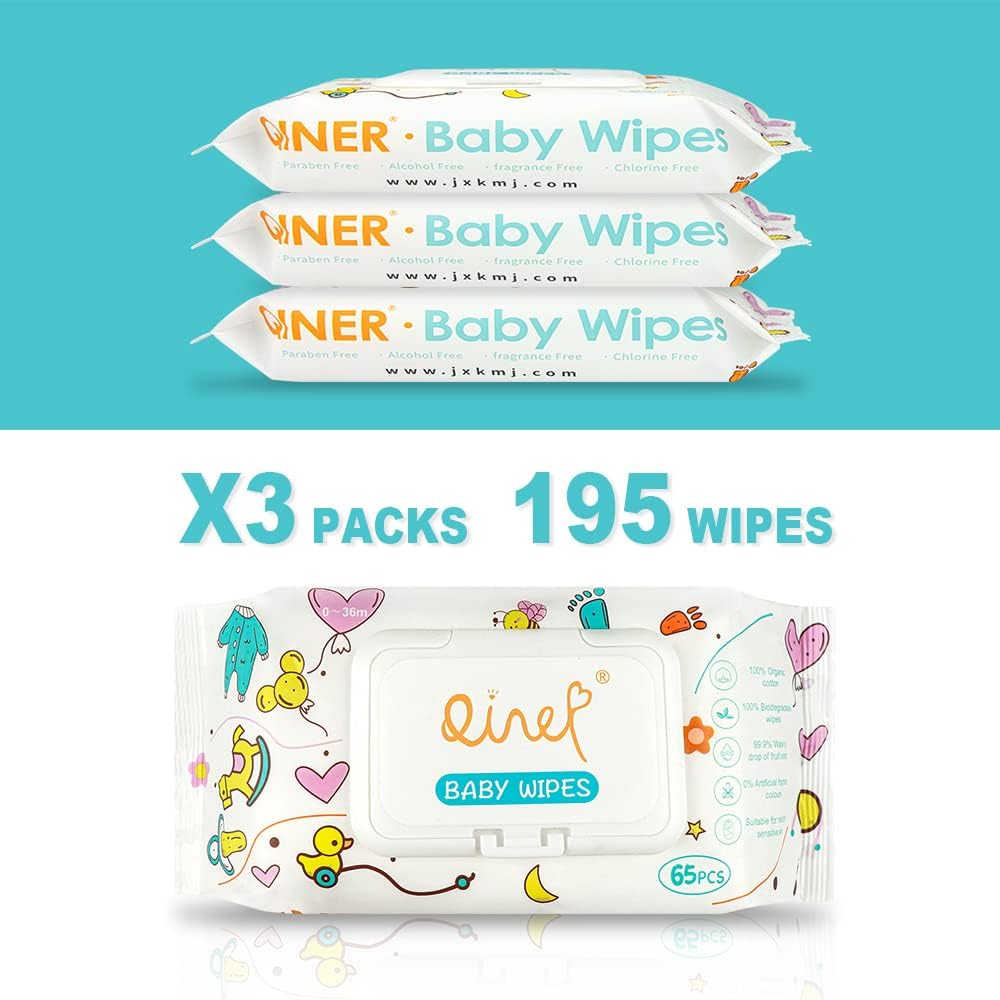 100% Organic Cotton Baby Wet Wipes, 99.9% Pure, Plastic Free & Biodegradable Wet Wipes for Sensitive Skin for Newborn 195 Wipes (3 x 65)
