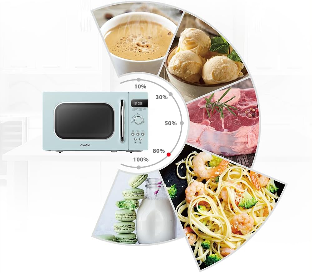 COMFEE' Retro Style 800w 20 Litre Microwave Oven with 8 Auto Menus, 5 Cooking Power Levels and Express Cook Button - Mint Green -CM-M202RAF(GN)