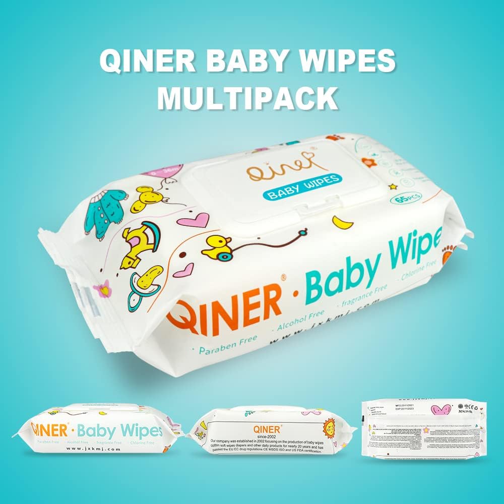 100% Organic Cotton Baby Wet Wipes, 99.9% Pure, Plastic Free & Biodegradable Wet Wipes for Sensitive Skin for Newborn 195 Wipes (3 x 65)
