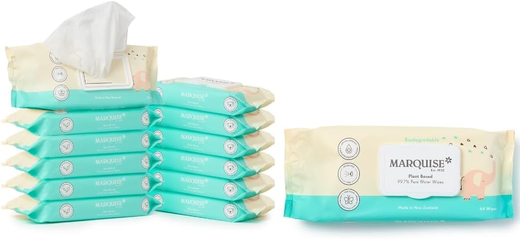Marquise Baby Wet Wipes Biodegradable, 99.7% Water Based Wipes, 768 count (12 x 64 Pack), Frangrance Free and Hypoallergenic for Sensitive Skin and Newborns