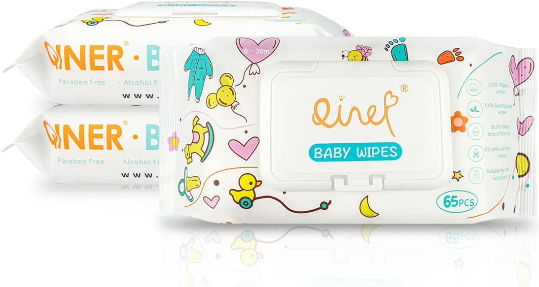 100% Organic Cotton Baby Wet Wipes, 99.9% Pure, Plastic Free & Biodegradable Wet Wipes for Sensitive Skin for Newborn 195 Wipes (3 x 65)