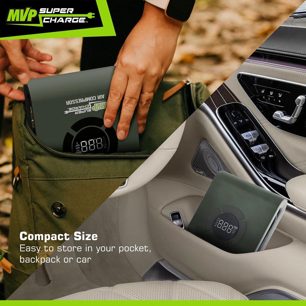 MVPSupercharge Tire Inflator Air Compressor - Rechargeable Li-ion 10000 mAh Battery Air Pump with Adapters for Cars Bikes Balls and USB Charger for Smartphones and more