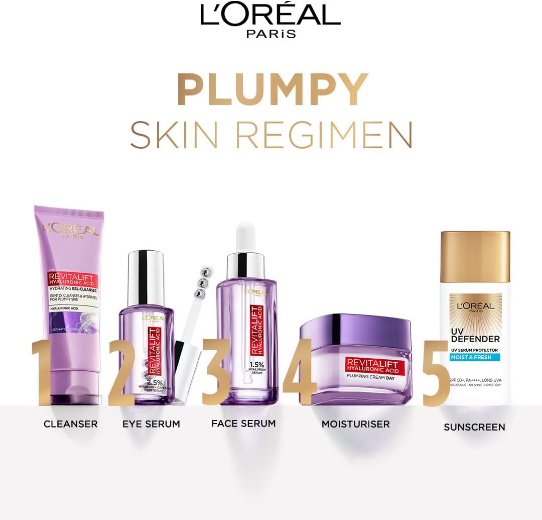 L'Oreal Paris Day Cream for Women, Hydrates and Replumps, For Radiant Skin, Revitalift Hyaluronic Acid, 15ml