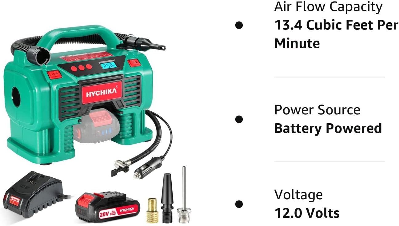 Tire Inflator, HYCHIKA Portable Air Compressor Pump 160PSI 20V Battery & 12V DC Dual Power Supply with LED Light, Pressure Gauge for Car Bike Inflatables -Charger & 2.0Ah Battery Included