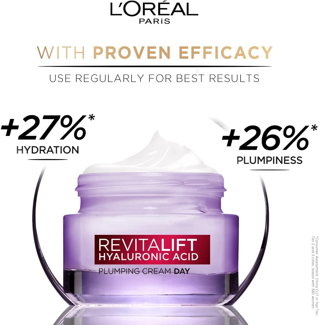 L'Oreal Paris Day Cream for Women, Hydrates and Replumps, For Radiant Skin, Revitalift Hyaluronic Acid, 15ml