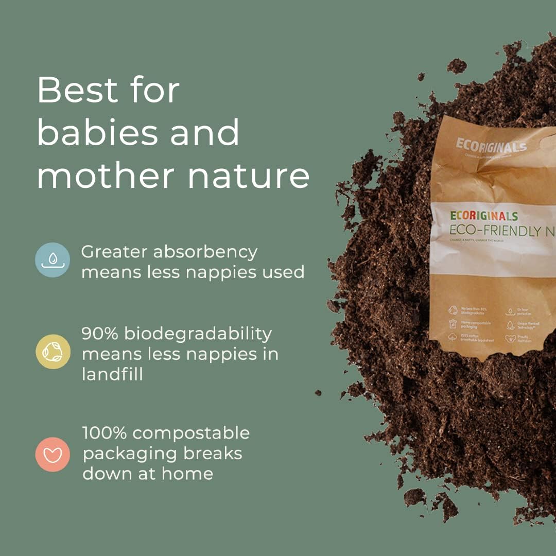 Ecoriginals Eco Disposable Nappies | Newborn Plus Baby Size 1, 3.5-5kg | 3 Pack, 90 count | Plant-Based, Non-Toxic
