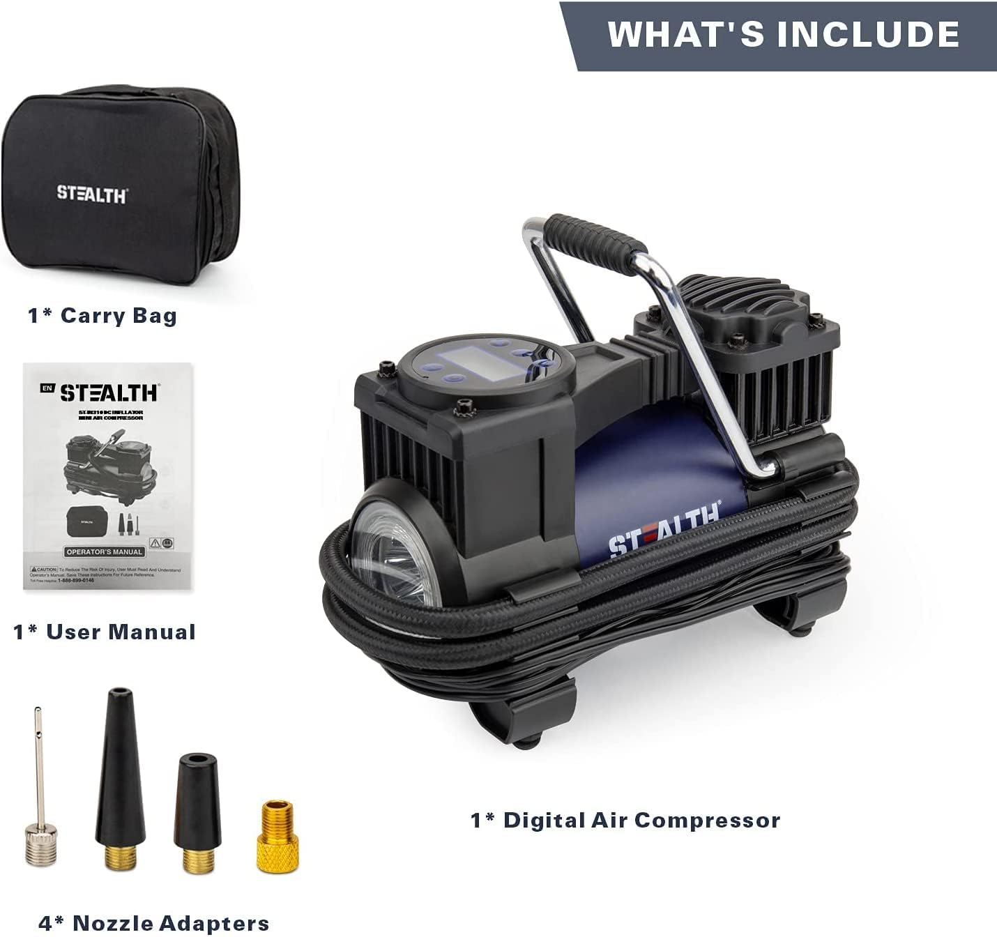 Stealth Air Compressor Tire Inflator Portable 12V DC Auto Digital Tire Pump,120PSI Air Pump for Car Tires with Emergency LED Light for Cars, Trucks, Motorcycles and Other Inflatables ST-IN310DC