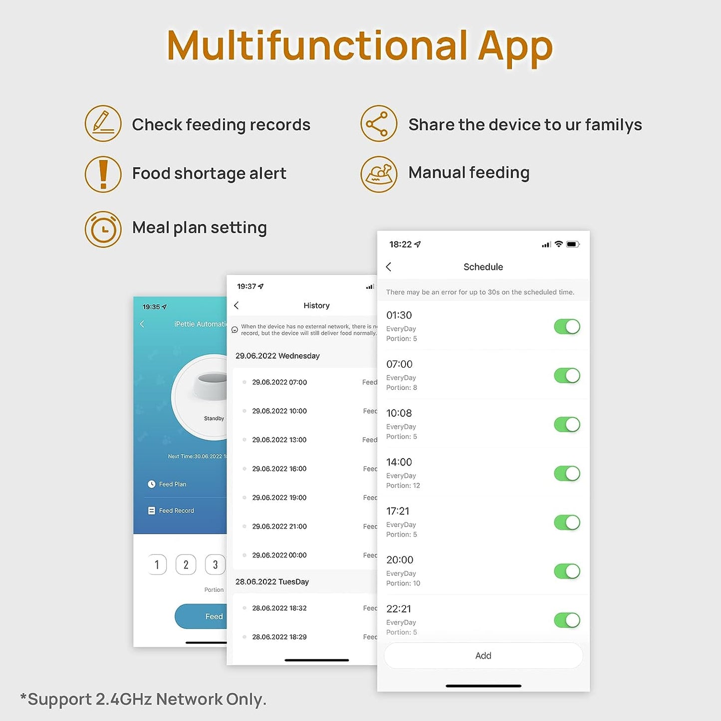iPettie Automatic Cat Feeder for Two Cats, 2.4G WiFi App Control, 5L/21 Cup Capacity, 1-10 Meals Per Day, Adjustable Bowl Height