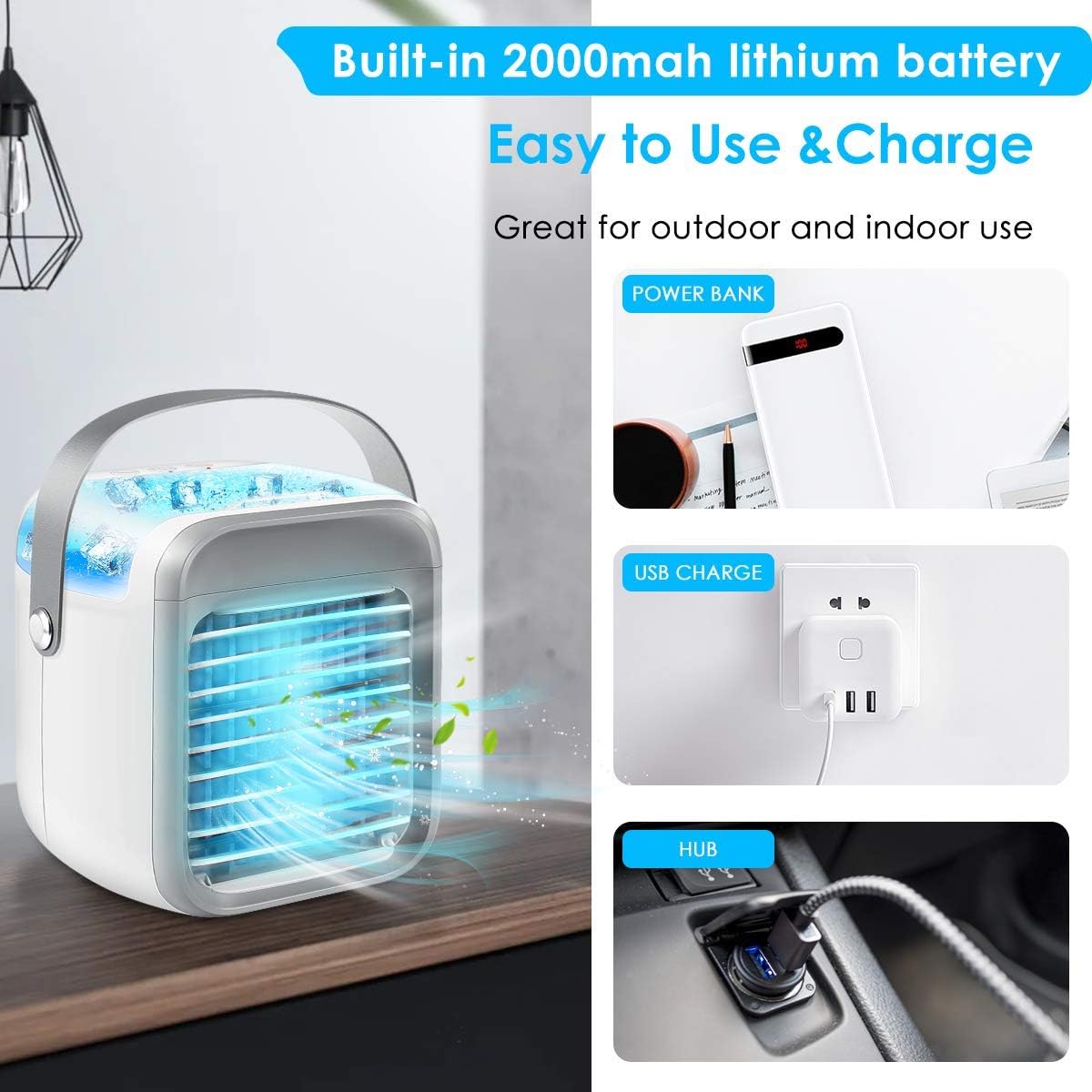 Portable Air Cooler, Rechargeable Evaporative Air Conditioner Fan with 3 Speeds 7 Colors, 3 in 1 Air Cooler with Water Tank, Cordless Personal Air Cooler with Handle for Home, Office and Room
