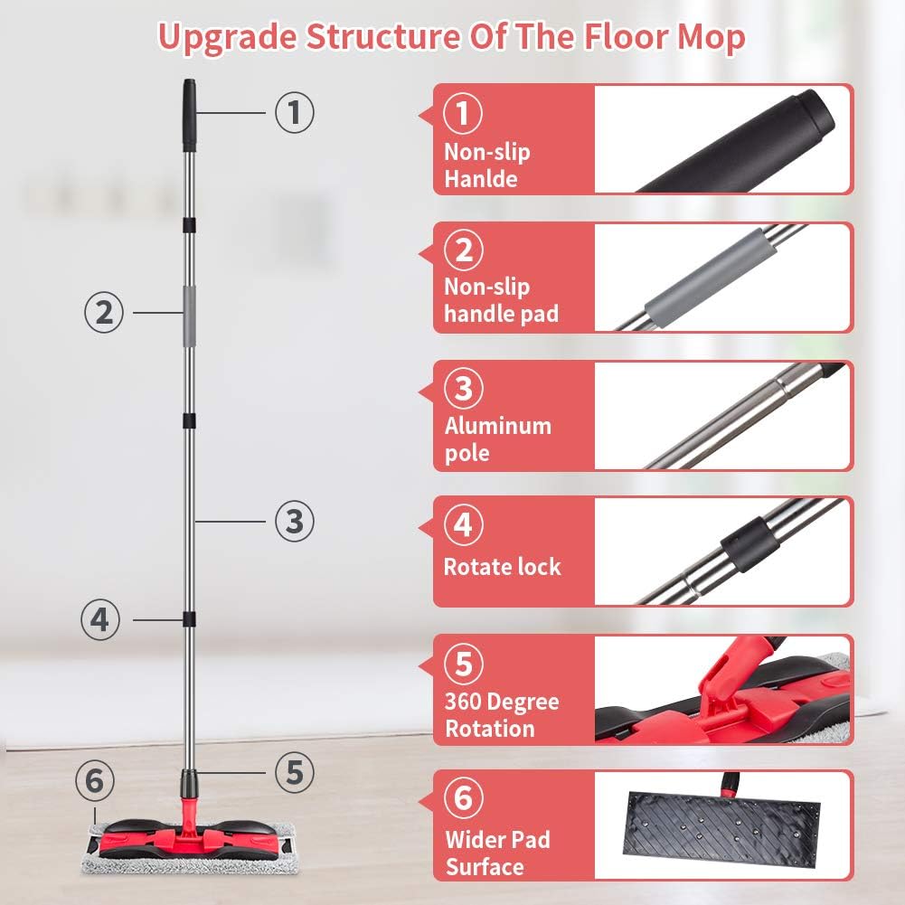 MEXERRIS Microfiber Floor Mop for Hardwood Cleaning - 360 Rotating Dust Wet Mop with Aluminum Extended Handle 4 Reusable Washable Mop Pads Cloth and 1 Scraper
