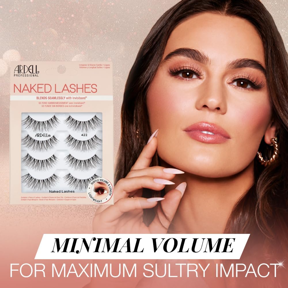 Ardell False Eyelashes Naked Lash 422 4 Pairs Multipack Black Natural Lashes per Soft Comfortable Invisiband Mid-Length With Wispies Vegan-Friendly Cruelty-Free
