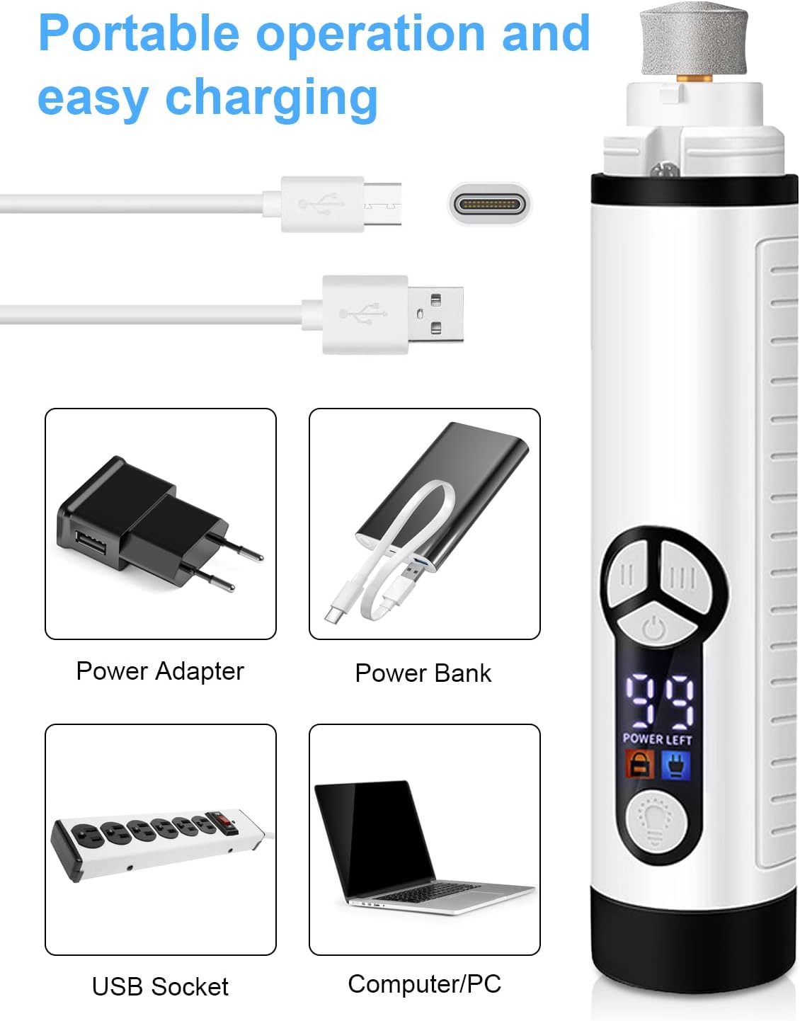 Dog Nail Grinder with LED Lights, 40 Decibels, Super Quiet Noise Claw Scissors for Small, Medium and Large Dogs and Cats, 3 Speeds, USB Connection, Electric Nail Cutter, White