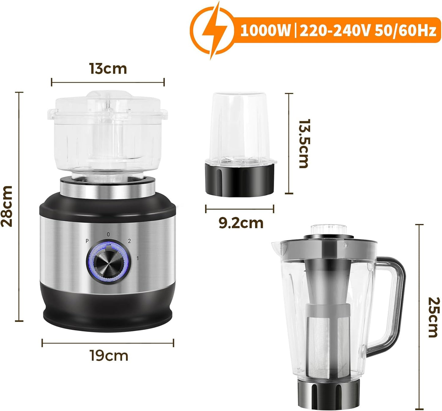 ADVWIN Multi Blender, 4 in 1 Food Processor, 1000W Kitchen Electric Food Chopper, Juicer Meat Mixer Grinder, Garlic Chopper, Vegetable & Fruits Juice Blender Mixer, Silver