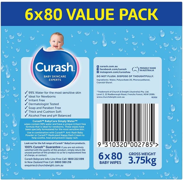 Curash Simply Water Baby Wipes, Pack of 480 (6 x 80 pack)