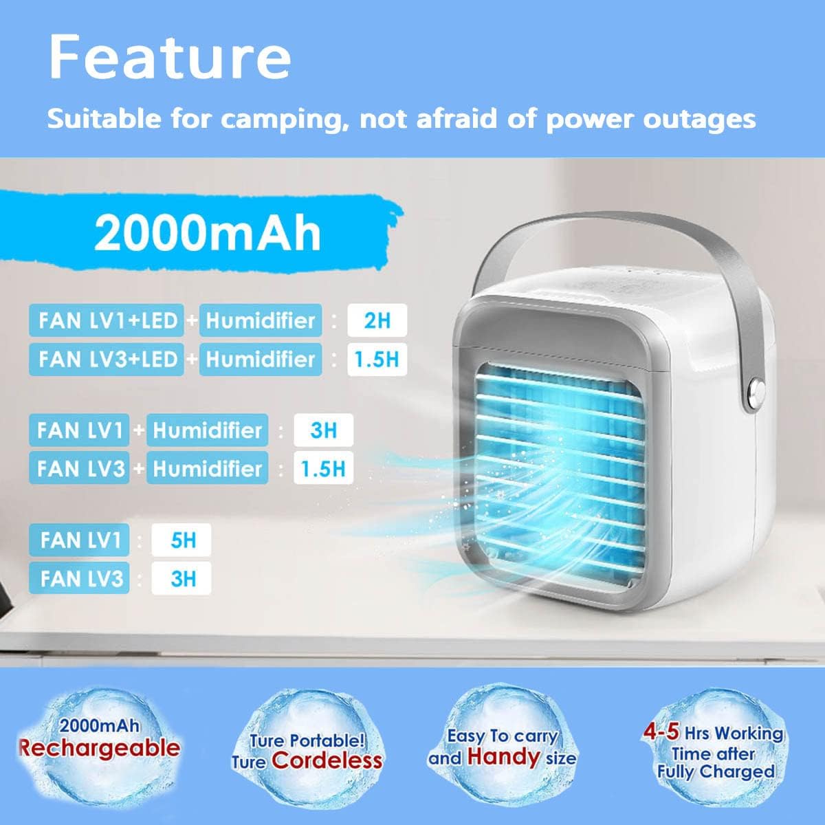 Portable Air Cooler, Rechargeable Evaporative Air Conditioner Fan with 3 Speeds 7 Colors, 3 in 1 Air Cooler with Water Tank, Cordless Personal Air Cooler with Handle for Home, Office and Room