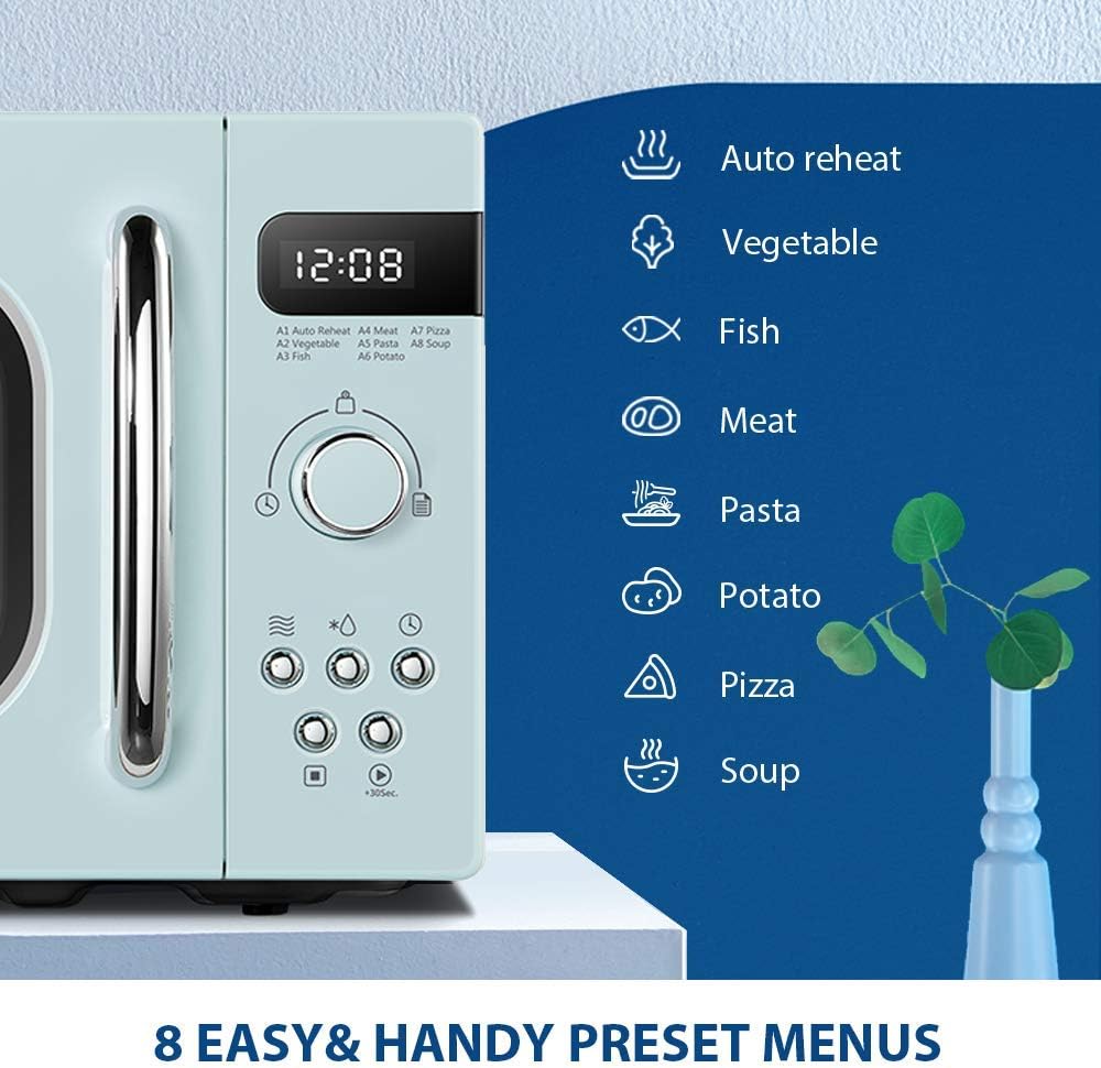 COMFEE' Retro Style 800w 20 Litre Microwave Oven with 8 Auto Menus, 5 Cooking Power Levels and Express Cook Button - Mint Green -CM-M202RAF(GN)