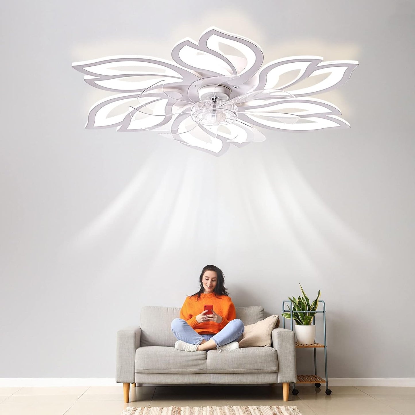 OLUZO Modern Ceiling Light Whit Fan, Low Profile Ceiling Fans with Lights and Remote/APP,Flush Mount Ceiling Light Fan,6 Wind Speed,3 Color Light,Ceiling Fan Light for Bedroom/Office (65cm-White)
