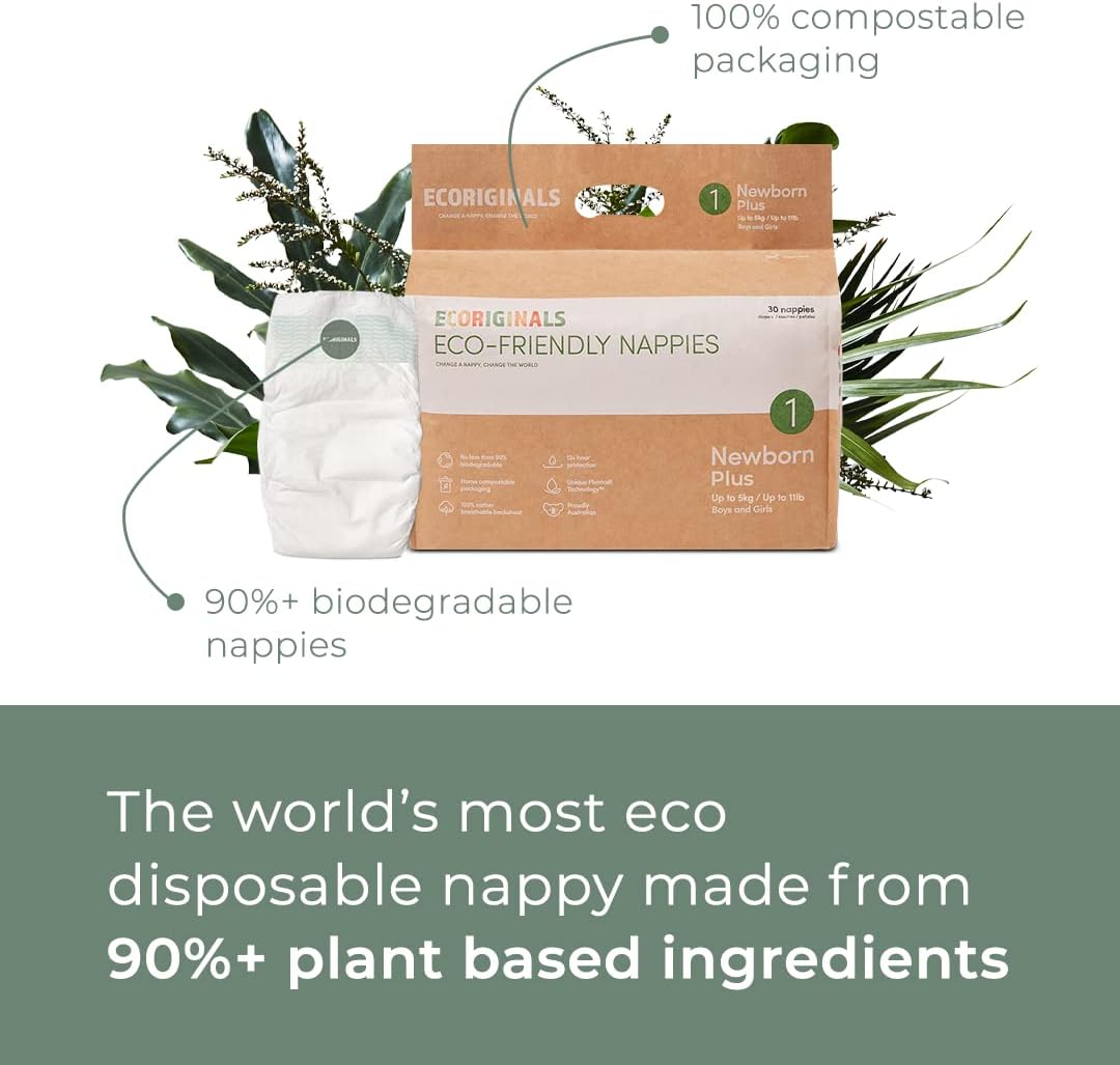 Ecoriginals Eco Disposable Nappies | Newborn Plus Baby Size 1, 3.5-5kg | 3 Pack, 90 count | Plant-Based, Non-Toxic