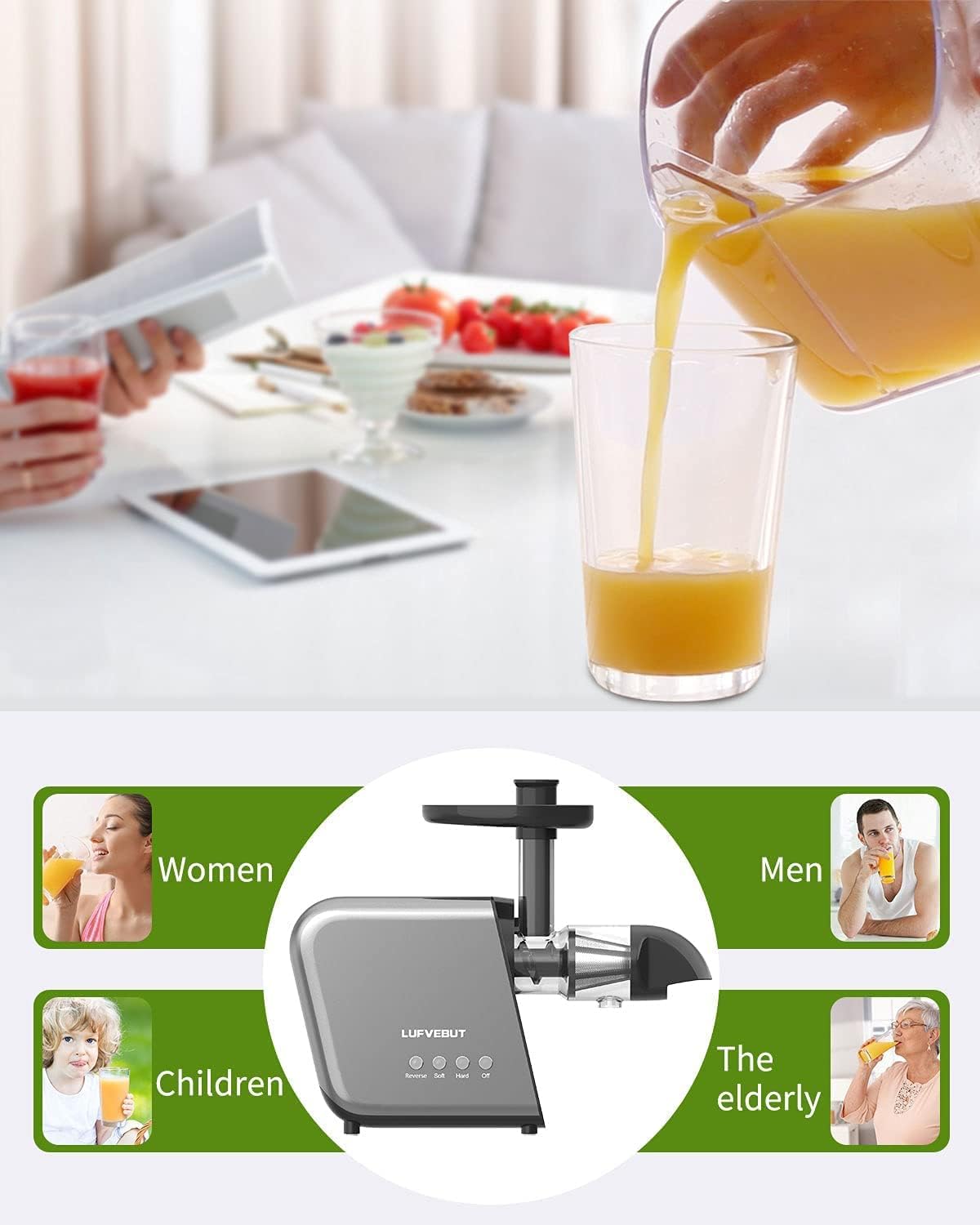 Fruit Vegetable Juicer Machine,Cold Press Slow Masticating Juicer Quiet Motor Easy To Clean