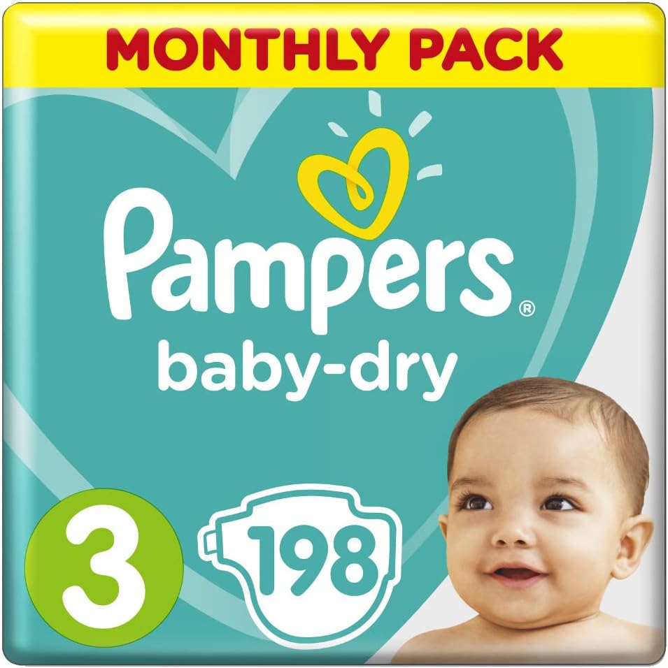 Pampers Baby-Dry Nappies Size 3 Crawler, 198 Nappies, 6-10kg