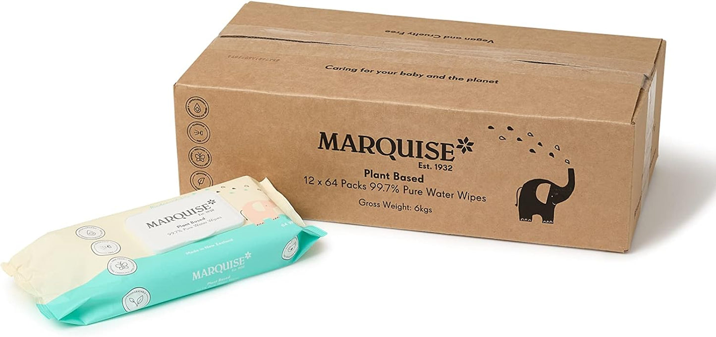 Marquise Baby Wet Wipes Biodegradable, 99.7% Water Based Wipes, 768 count (12 x 64 Pack), Frangrance Free and Hypoallergenic for Sensitive Skin and Newborns