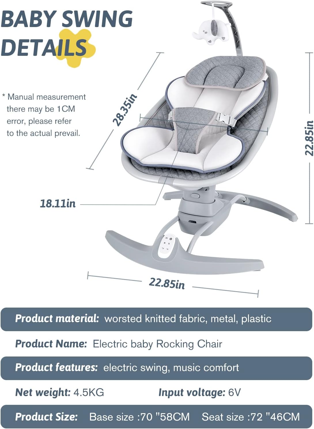 Baby Swings for Infants, Electric Portable Baby Swing by Remote 3 Swing Speeds and Music Speaker