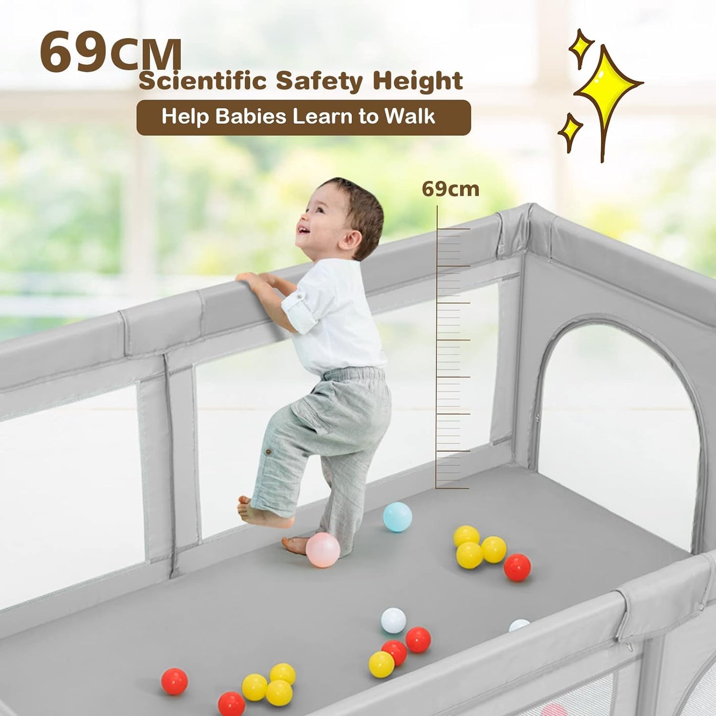 BABY JOY Baby Playpen, 205 x 147 cm Extra-Large Play Yard with 50 Ocean Balls & Carrying Bag, Portable Baby Play Activity Center, Indoor Outdoor Playpen...