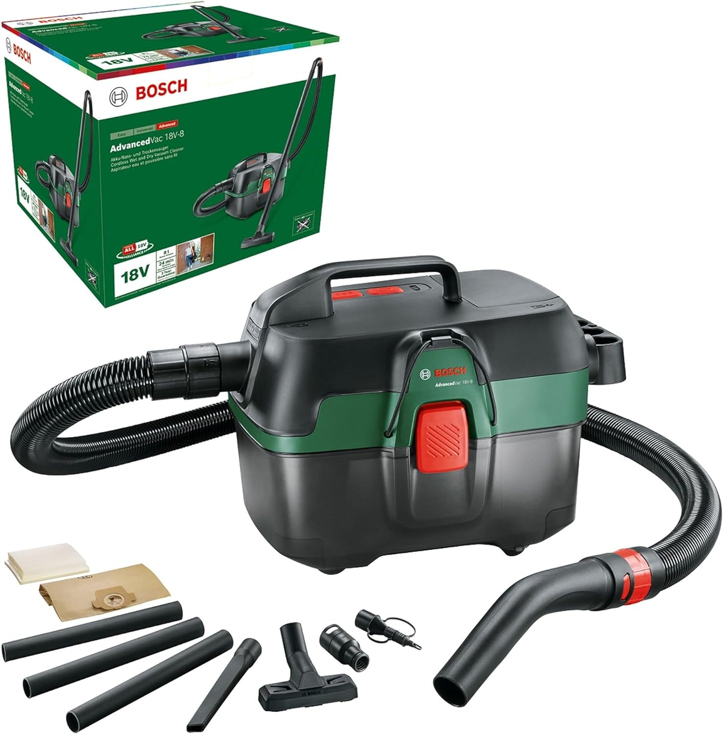 Bosch Home & Garden 18V Cordless Wet and Dry Vacuum Cleaner Without Battery, Vac + Inflator /Blower Function, with Accessory Set (AdvancedVac 18V-8)