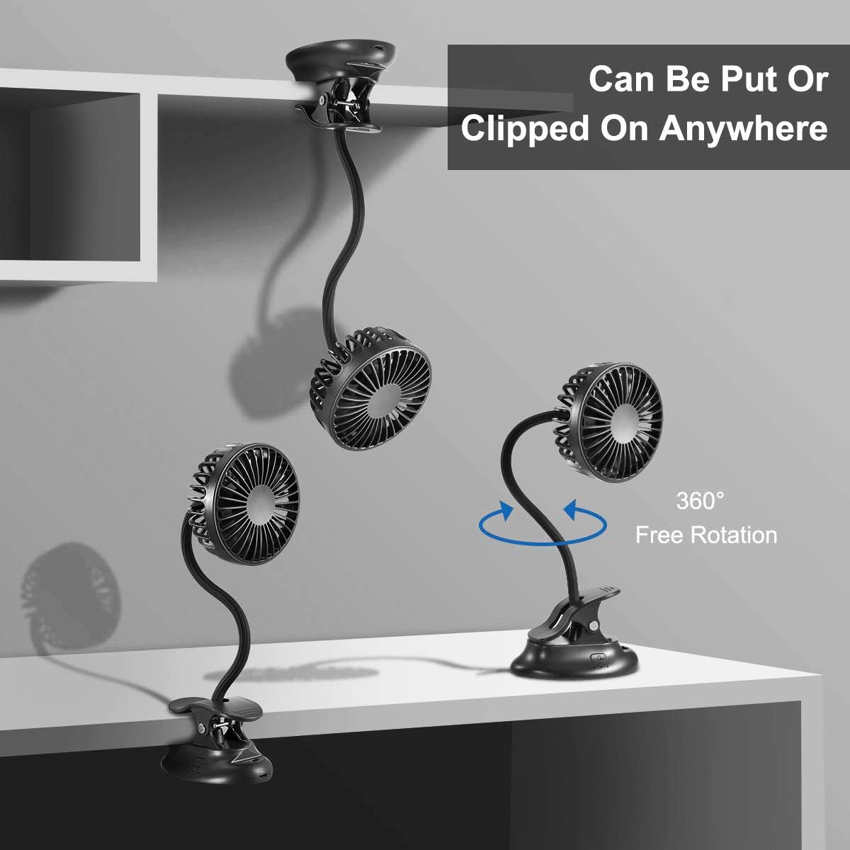 Usb Fan mini Fan Battery Operated Desk Fan with Emergency Power Bank, USB Clip Fan Rechargeable Personal Fan Flexible Neck 3 Speeds