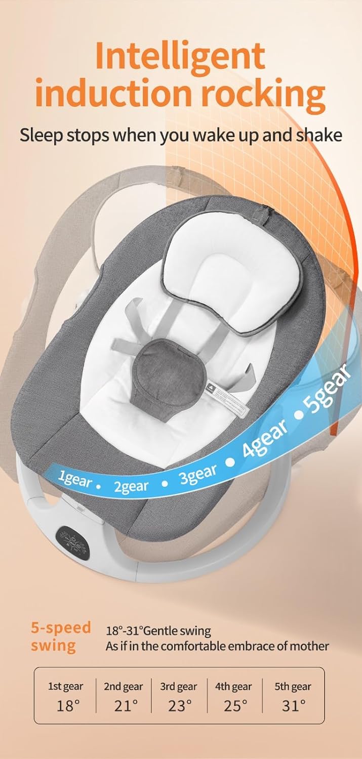 Baby Swing for Infants to Toddler, Portable Baby Rocker Swinger for Newborn Boy and Girls Outdoor Indoor with Plate,5 Swing Speeds Bluetooth Remote Control Music Speaker Lullaby Blue