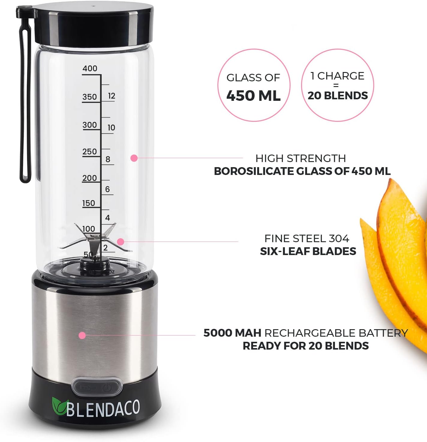 Blendaco Glass Jar USB Portable Blender and Accessories (Silver Standard Package)