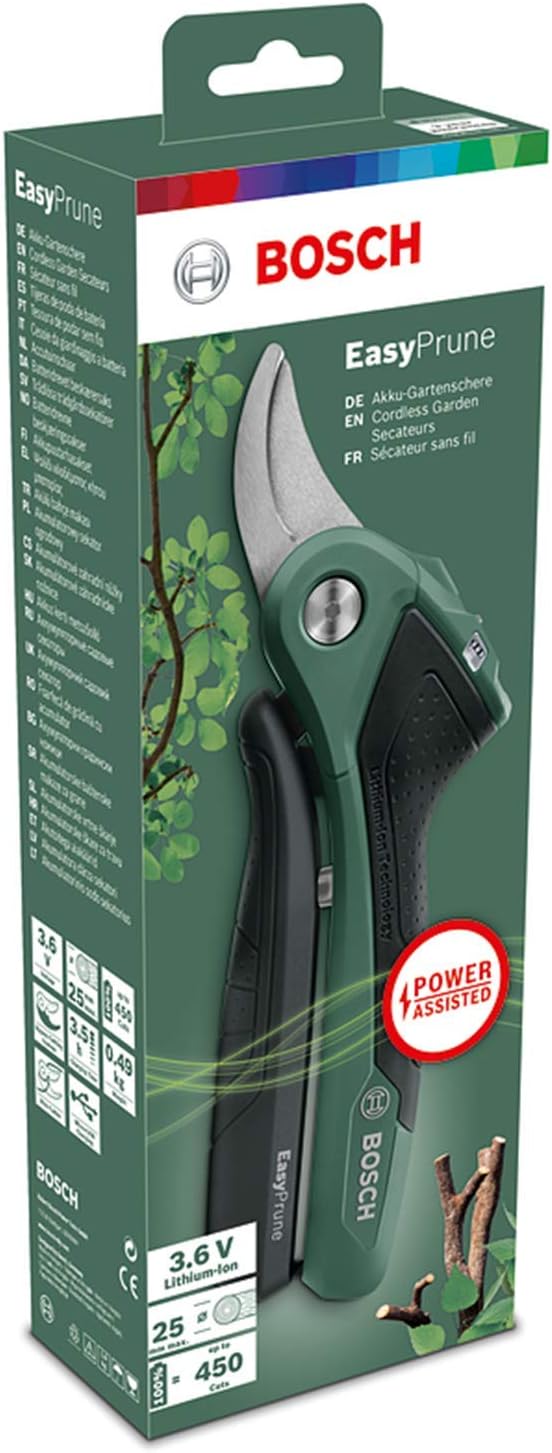 Bosch Home & Garden 3.6V Cordless Secateurs Pruner, Power Assist Technology, Integrated Battery, 450 Cuts Per Charge, Rechargeable via Micro USB Cable (EasyPrune)
