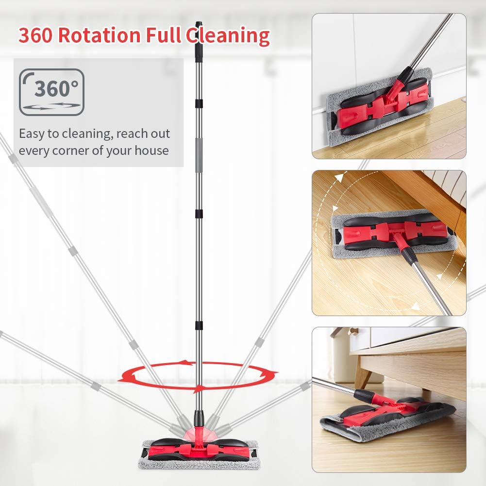 MEXERRIS Microfiber Floor Mop for Hardwood Cleaning - 360 Rotating Dust Wet Mop with Aluminum Extended Handle 4 Reusable Washable Mop Pads Cloth and 1 Scraper