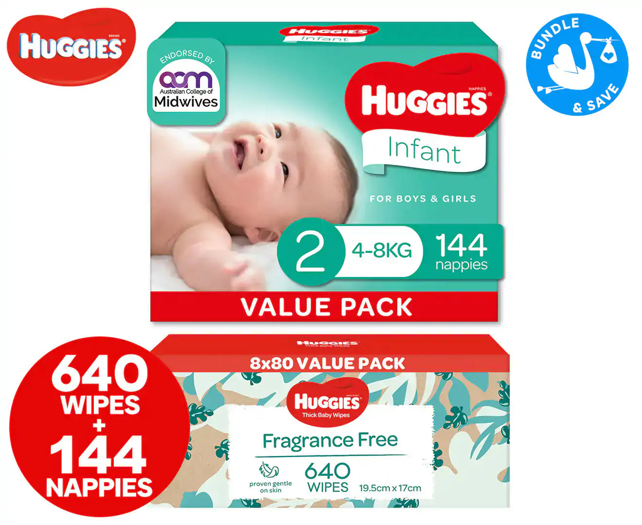 Huggies Infant Size 2 (4-8kg) Nappies & Fragrance Free Baby Wipes Bundle